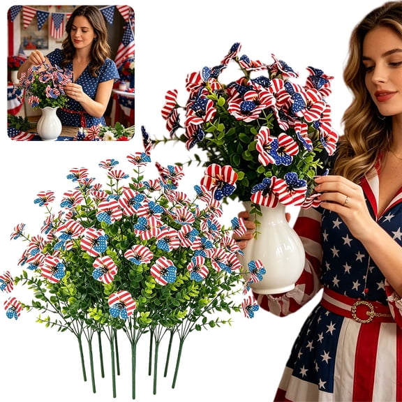 12pcs Patriotic Artificial Flowers, American Flag Fake Daisy Stems, Red White Blue 4th of July Silk Flowers for Independence Day Home Vase Garden Decor