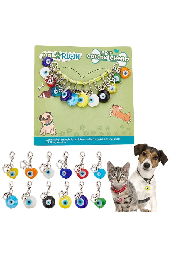 12pcs Pet Collar Pendants for Cat Dog Heart Bead Jewelry Charms Lucky Dog Paw Pet Collar Pendants Clip-on Charms