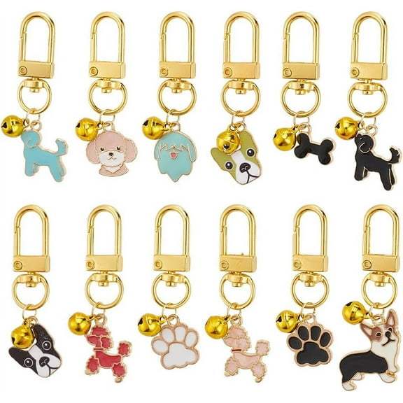 12pcs Pets Collar Pendants for Cat Dog Paw Bone Enamel Pet Small Bells with Swivel Clasps Colorful Clip-on Charms for Cat Dog DIY Craft Keyring Pendants Bag Decor
