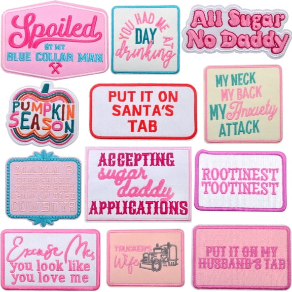 12pcs Phrase Iron on Patches Mixed Inspirational Words Embroidered Patch Appliques Sewing Repair DIY Accessories for Clothing Hats Backpacks Pants Jeans Jackets Crafts