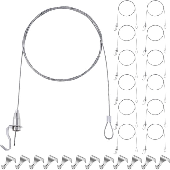 12pcs Picture Rails Hangers Pictures Rail Hanging System 6.5ft Picture Rail Hooks Pictures Wire hangig kit Stainless Steel Art Adjustable Gallery Rails Frame Cable Ceiling Hooks Frame