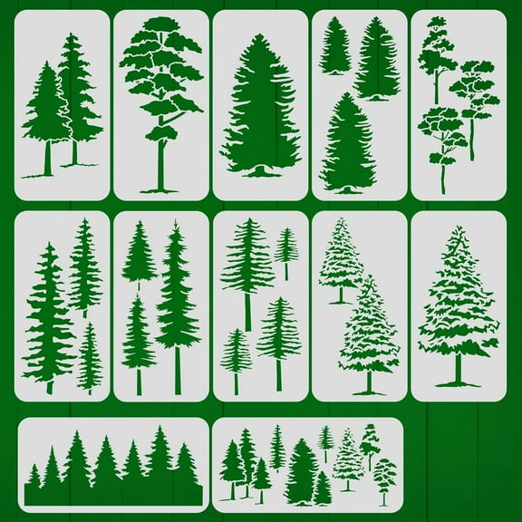 12pcs Pine and Fir Tree Stencil Set 5.9x12 inch Reusable Winter Theme Plastic Art Painting Templates for DIY Making