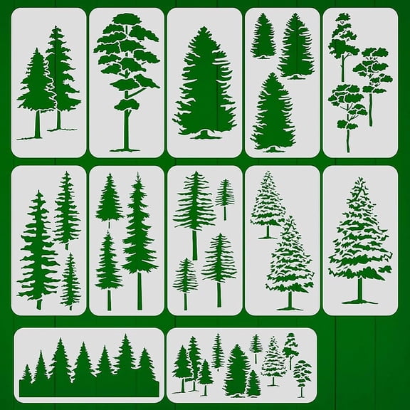 12pcs Pine and Fir Tree Stencil Set 5.9x12 inch Reusable Winter Theme Plastic Art Painting Templates