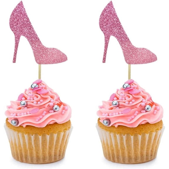 12pcs Pink Glitter Highs Heel Cupcake Toppers for Wedding Engagement Bridal Shower Party Birthday Party Stiletto Theme Party Cake Decorations Supplies Picks