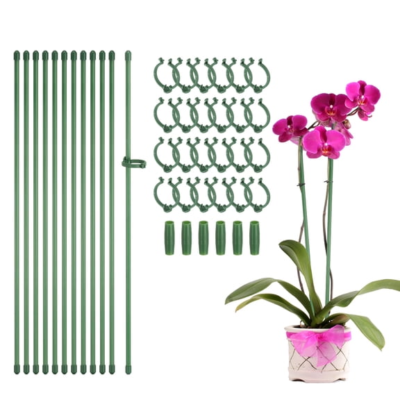 12pcs Plant Support Stakes, 15.7inch Adjustable Single Stem Stakes Garden Plant Support Sticks with Clip and Connect Pipe for Orchid Rose Tomato