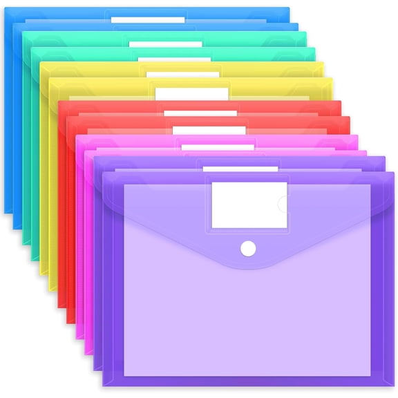 12pcs Plastic Envelopes Poly Envelopes, Hook & Loop Closure File Folders, A4 Size with Label Pocket for School and Office Supplies