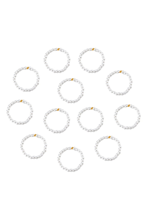 12pcs Plastic Imitation Pearl & Brass Beaded Stretch Ring White US Size 8 1/2(18.5mm)