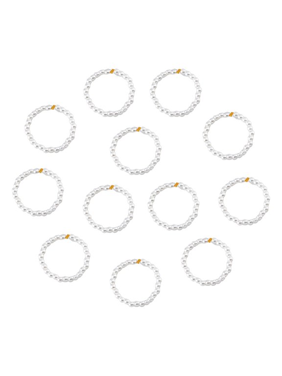 12pcs Plastic Imitation Pearl & Brass Beaded Stretch Ring White US Size 8 1/2(18.5mm)