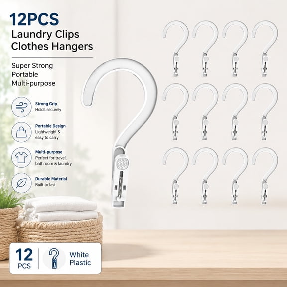 12pcs Plastic Laundry Hangers with Clips, Strong Clothes Hanger Clips for Closet Organization, Travel, Bathroom, Portable White Set