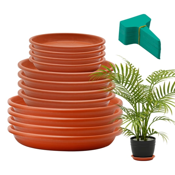 12 Pack Terracotta‑Colored Plastic Plant Saucers, 3‑Sizes Pot Drip Trays for Indoor Outdoor Pots, with 20 Green Plant Labels
