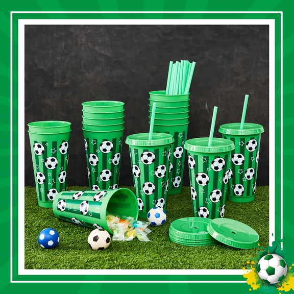 12pcs Plastic Soccer Cups 24 Oz Tumbler With Lid And Straw Sports Gifts For Coach Boyfriend Fan Men Women Soccer Party Favors Sports Themed Party Decorations