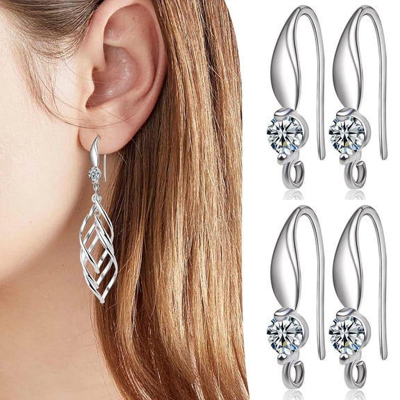 12pcs Plated Rhinestone Earring Hooks Brass Ear Wire Fish Hooks with Open Loop Round Rhinestone for Women DIY Earrings Jewelry Making, Silver