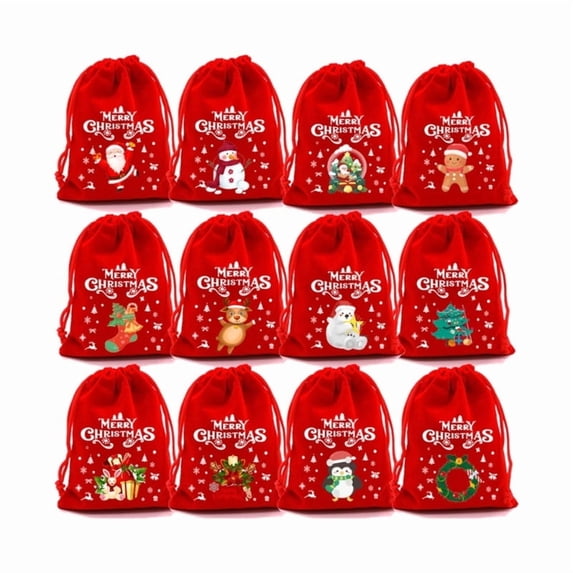12pcs Plush Christmas Drawstring Bags For Small Gifts And DIY Crafts, Perfect For Holiday Parties And Family Gatherings