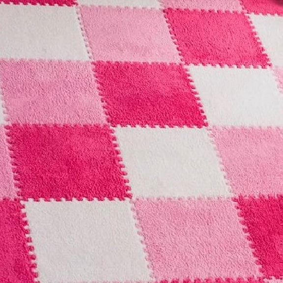 12pcs Plush Puzzle Foam Floor Mat, Cute Soft Fluffy Interlocking Square Foam Tiles Area Rugs Carpet for Parlor Bedroom Decoration(11.8x11.8x0.4in, Rose Red&Pink&White)