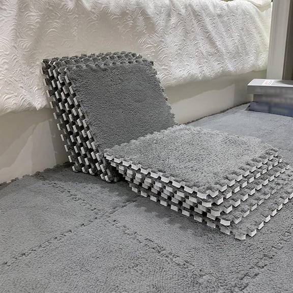 12pcs Plush Puzzle Foam Floor Mat, Soft Thicken Fluffy Interlocking Square Foam Tiles Area Rugs Carpet for Parlor Bedroom Decoration(11.8x11.8x0.4in, Grey)