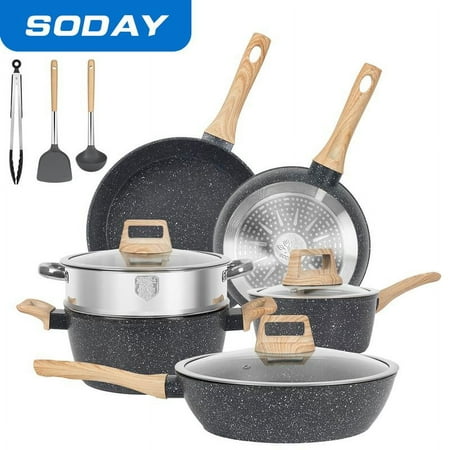 12-Piece Nonstick Pots Granite Cookware Set - Featuring Frying Pans, Saucepans, Steamer, Silicone Shovel Spoon & Tongs