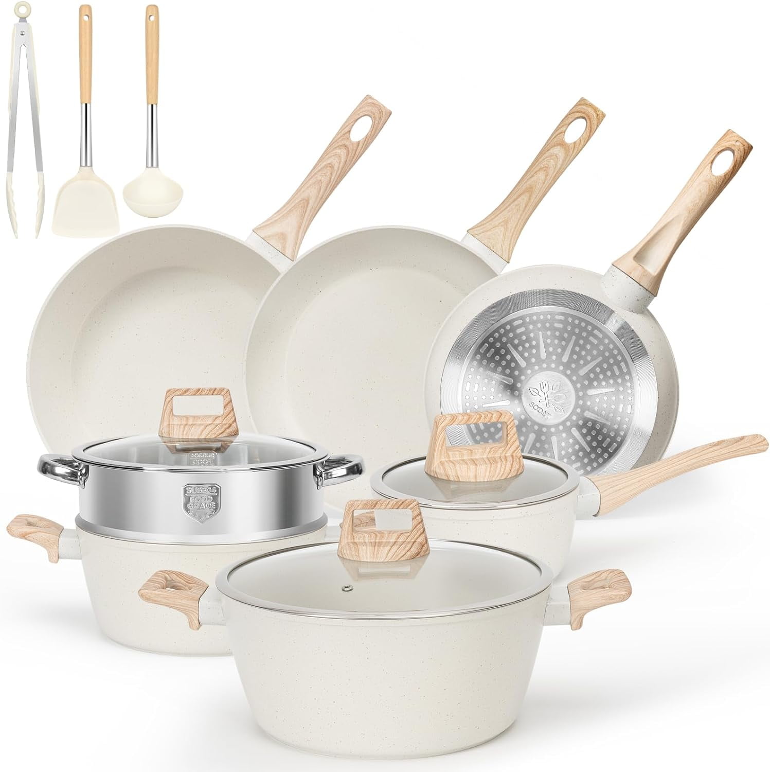 12pcs Pots and Pans Set Non Stick Kitchen Cookware Sets Induction Cookware Nonstick Granite Cooking Set with Frying Pans, Saucepans, Steamer
