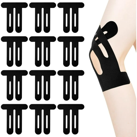 12pcs Precut Kinesiology Tape for Knees, Breathable Elastic Kinesiology Athletic Muscle Tape Strips Flexible, Waterproof Sport Knee Patch Stickers for Knee Support & Stability (Black)