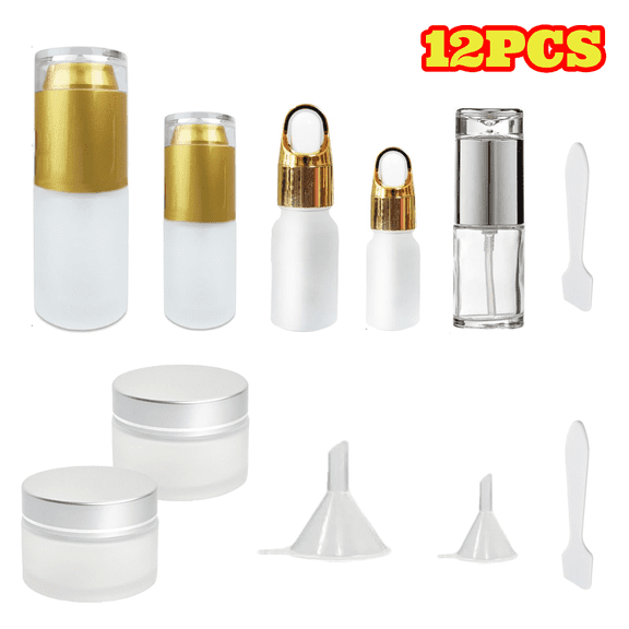 12pcs Premium Glass Bottles, Mini Makeup Container, Refillable Travel Bottles Skincare Containers with Pump Spray for Liquid Toners Serum Cream