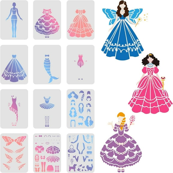 12pcs Princess Stencils - 11.6x8.3inch Elf & Outfit Change Stencils for Painting on Wood Floor and Fabric Mixed Color 1set