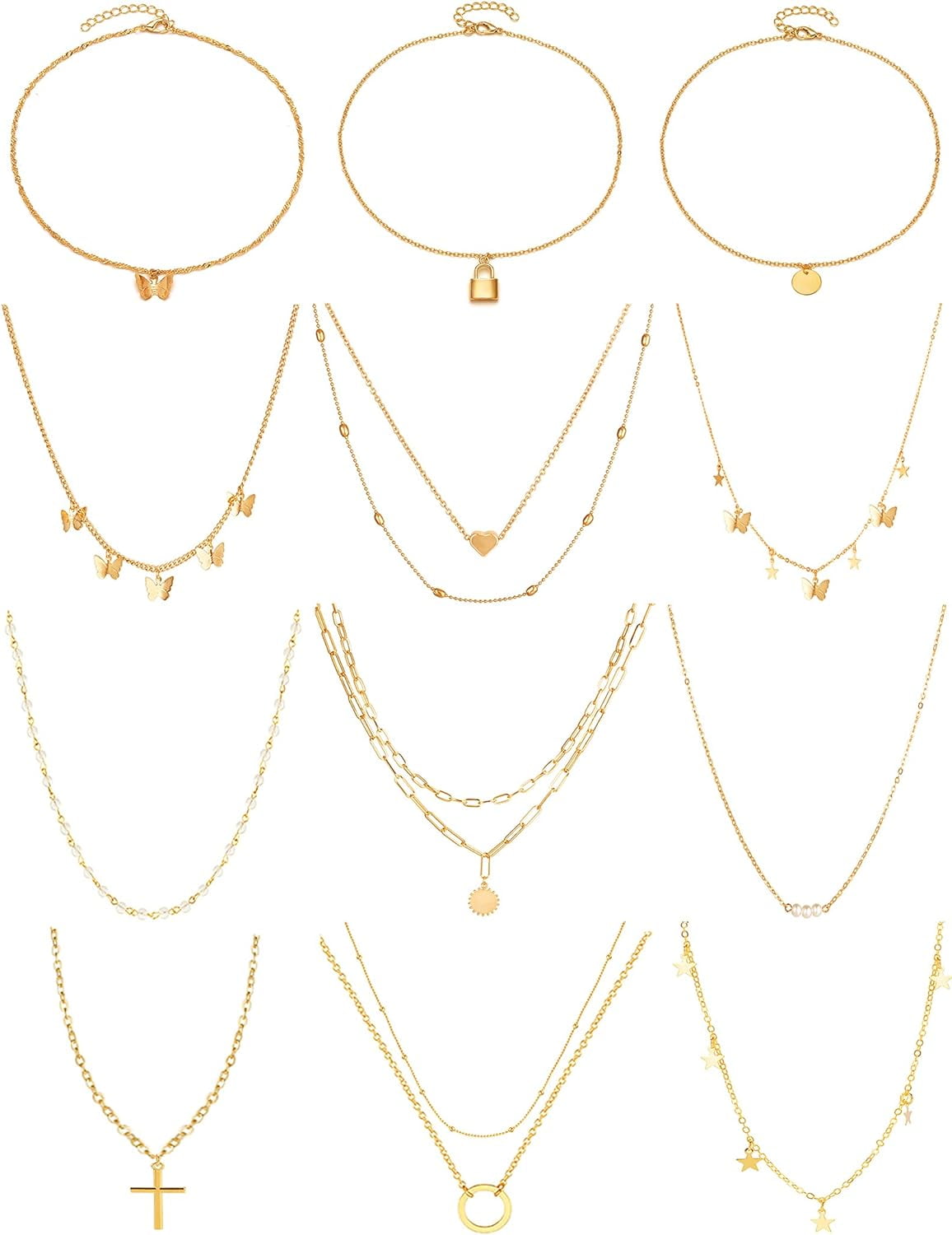 12pcs Pro Chain Gold Bead Necklace Coin Moon Star Pearl Pendant Chain Choker Multilayer Necklace Leather Cord Set perfect for Women Men Adaptable Gold Tone[p108]