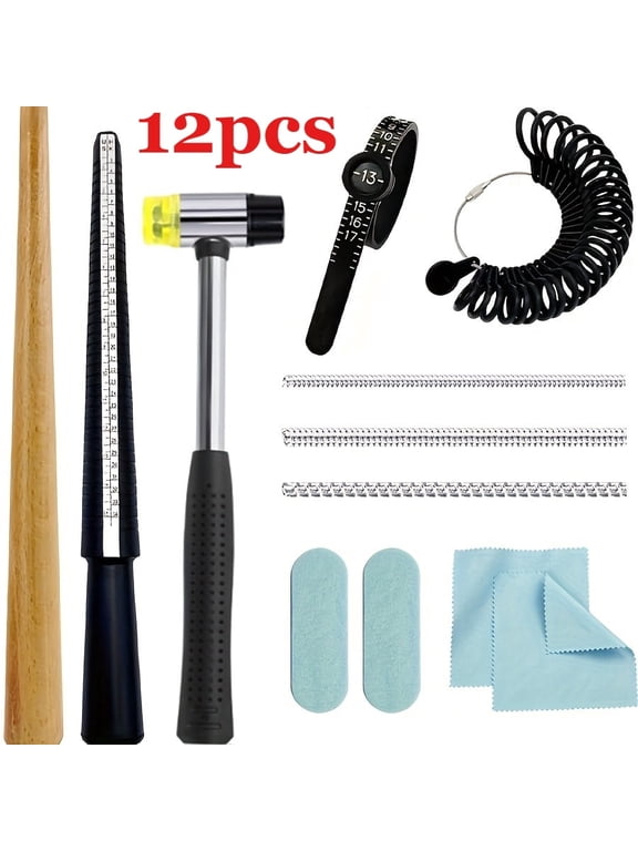 12pcs Professional Jewelry Making Tools Kit with Ring Sizing System, Mandrel Set & Rubber Hammer-Complete Ring Resizing Kit, Polisher for DIY Craft Supplies, Ring Repair & Birthday Gifts for Jewelers