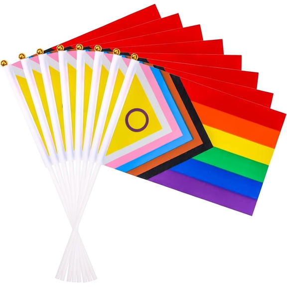 12pcs Progress Pride Flags, 5x8 Inch Small Rainbow Flags Mini Pride Stick Flag LGBT Flag Handheld Rainbow Pride Flags for Indoor Outdoor Gay Pride Party Decorations Parade Bar Patio Garden