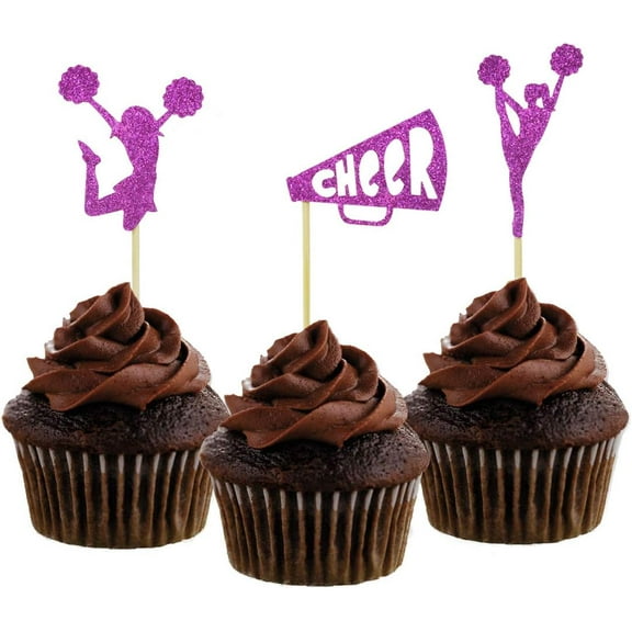 12pcs Purple Glitter Cheerleader Dance Horn Cupcake Toppers for Sport Party Baby Shower Birthday Party Decorations
