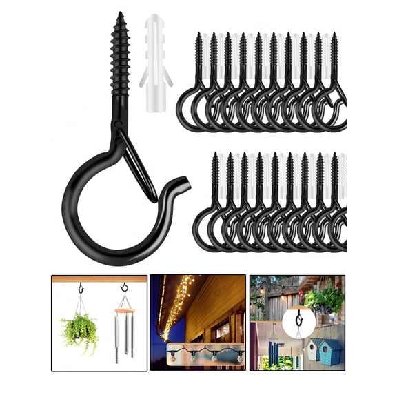 12pcs Q Hooks With Clips Outdoor String Light Hooks Windproof Screw Hooks For Outdoor String Lights To Hang Lights Plants,M5,Black