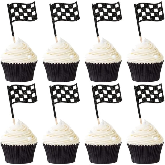 12pcs Racing Checkered Flag Cupcake Toppers, Black Glitter Race Flag Cupcake Picks for Racing Themed Birthday Party Supplies