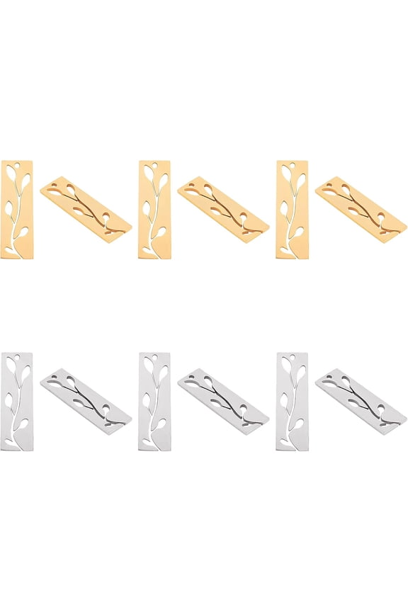 12pcs Rectangle with Leaf Charm Stainless Steel Charm Metal Charms Pendant Smooth Charms for Jewelry Making 28mm Golden and Stainless Steel Color Gold