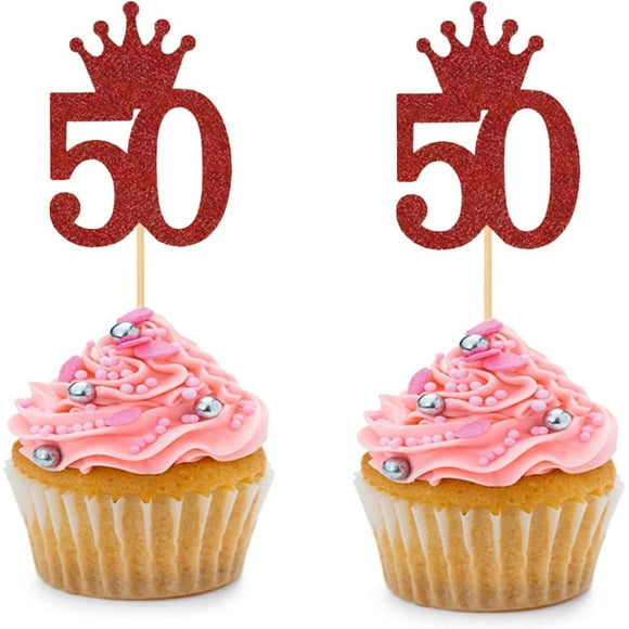 12pcs Red 50th Birthday Cupcake Toppers Glitter Fifty Happy 50 for Cheers to 50 Years 50th Birthday Wedding Anniversary Party Cake Decorations Supplies