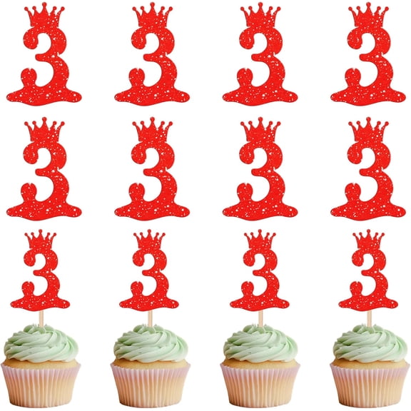 12pcs Red Glitter Crown Number 3 Cupcake Toppers, 3rd Birthday Cake Picks for Kids Party Decorations