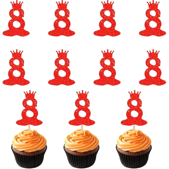12pcs Red Glitter Crown Number 8 Cupcake Toppers, 8th Birthday Cake Picks for Kids Party Supplies