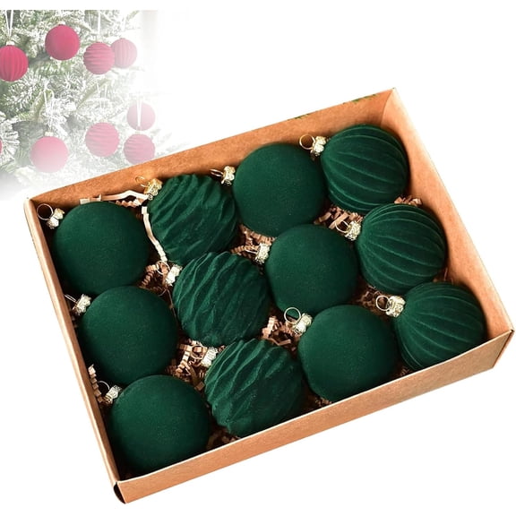 12pcs Red Green Velvet Christmas Balls, Christmas Tree Ornaments Velvet Balls, 2.3inch Flocked Ornaments Ball, for Trees,Wreath,Home Or Party (8cm)