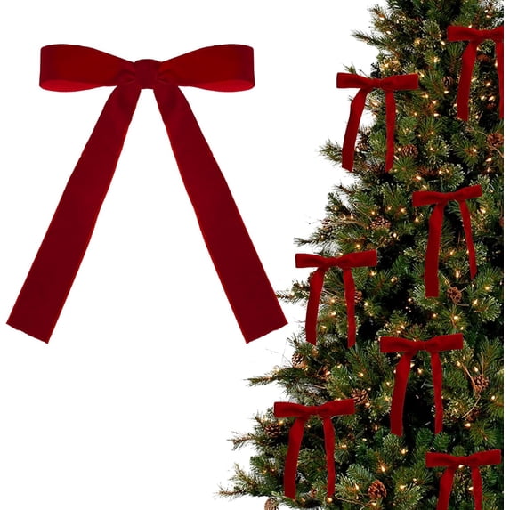 12pcs Red Velvet Bows for Christmas Tree, Wreath, Garland, Gift Wrapping, DIY Crafts, Party & Wedding Decorations with Gold Ties – 5.1x7 in, 1" Ribbon