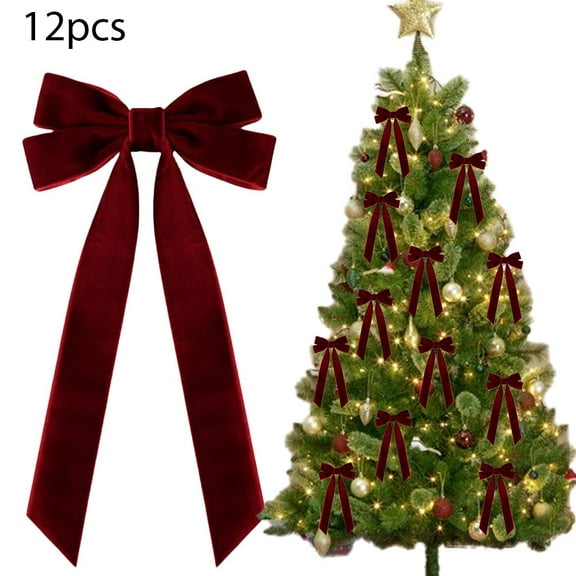 12pcs Red Velvet Christmas Bows, Burgundy Velvet Ribbon Ornaments with Gold Twist Ties for Tree, Wreath, and Garland Decorations