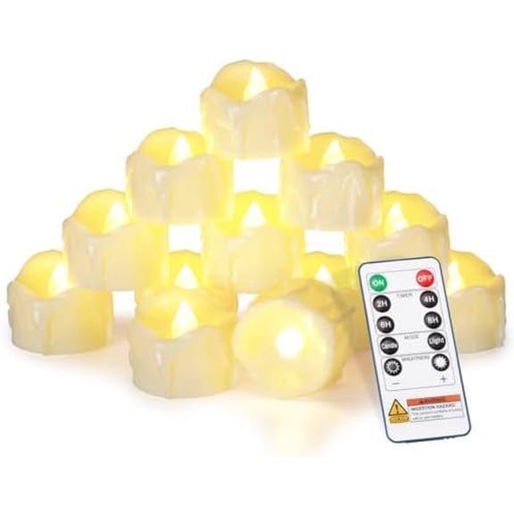 12pcs Remote Timer LED Tea Lights Candles, 400+Hours Flickering Flameless Battery Votive Tealights for Tabletop Lighting, Centerpieces Decor, Holiday, White Base