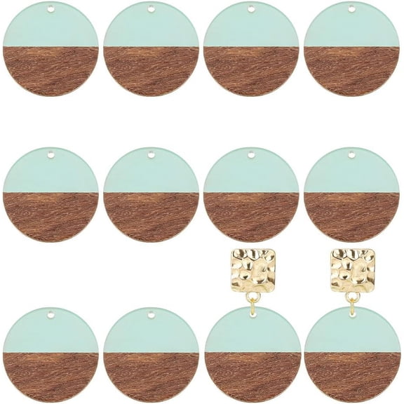 12pcs Resin Wooden Earring Pendants Flat Round Vintage Resin Wood Statement Jewelry Findings for Necklace and Earring Making - Clear Turquoise