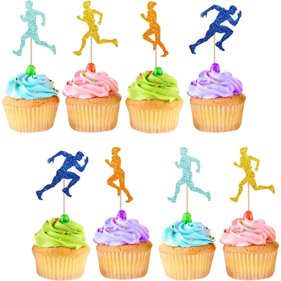 12pcs Running Cupcake Toppers, Sports Fitness Cupcake Toppers for Birthday, Blue Glitter Runner Cake Decorations for Health Fitness Themed Party Supplies