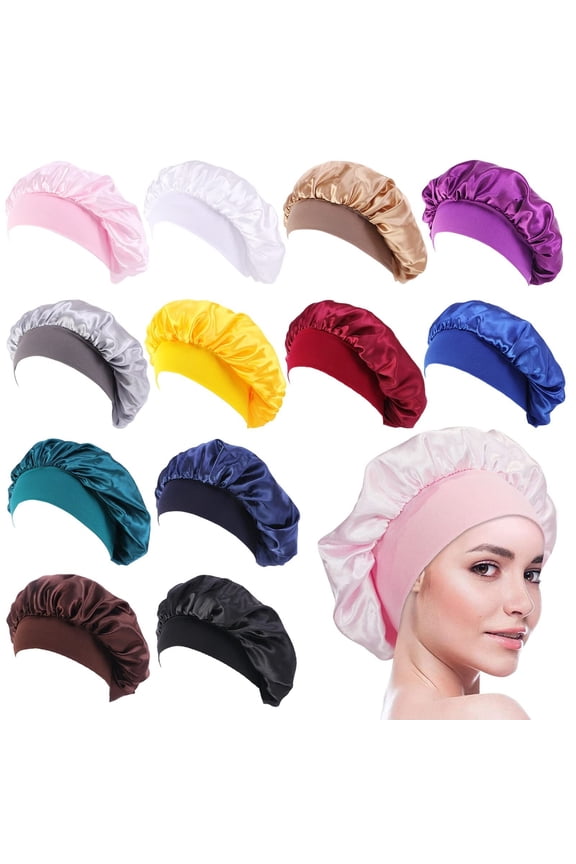 12pcs Satin Bonnet Caps for Women Solid Color Hair Bonnets for Sleeping Elastic Band Bonnet Hats for Black Women Hair Care