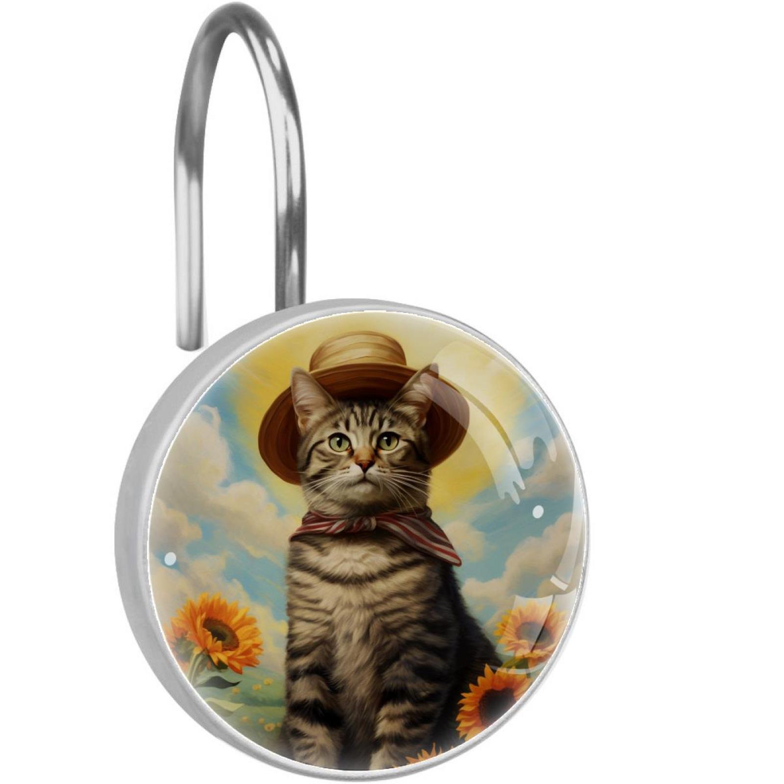 12pcs Shower Curtain Hooks, Cat Sunflower Decorative Shower Curtain