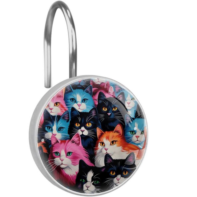 12pcs Shower Curtain Hooks, Colorful Cats Decorative Shower Curtain