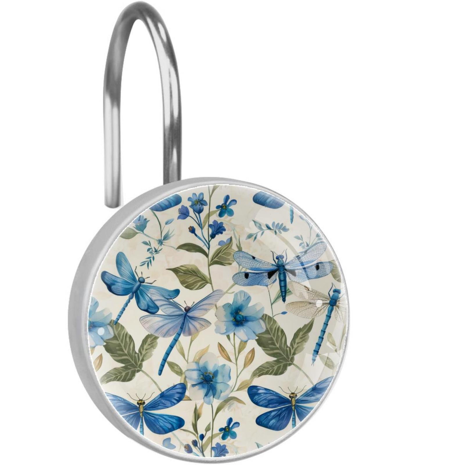 12pcs Shower Curtain Hooks, Dragonflies and Flowers Decorative Shower