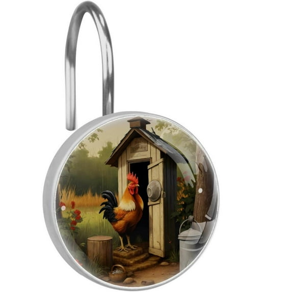 12pcs Shower Curtain Hooks, Outhouse Rooster Decorative Shower Curtain Rings Stainless Steel Rustproof Shower Hooks for Bathroom Shower Rods Curtains