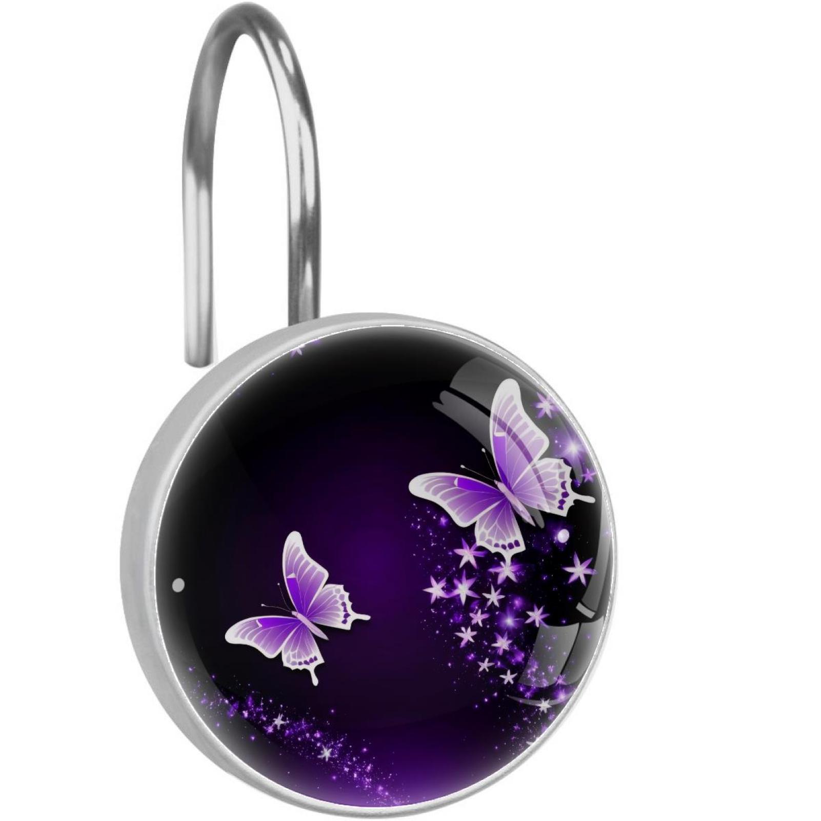 12pcs Shower Curtain Hooks, Purple Butterflies Flying Decorative Shower