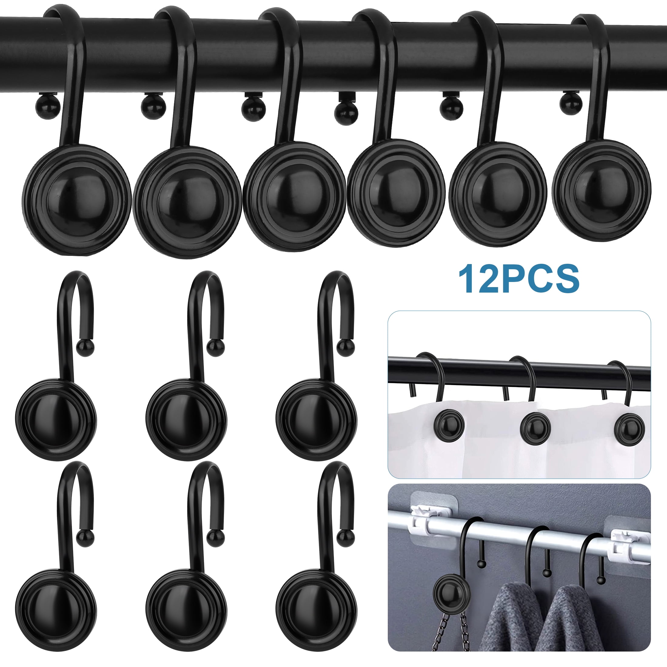 TSV 12pcs Easy Glide Metal Rustproof Rolling Shower Curtain Hooks Set for Bathroom Rods ...