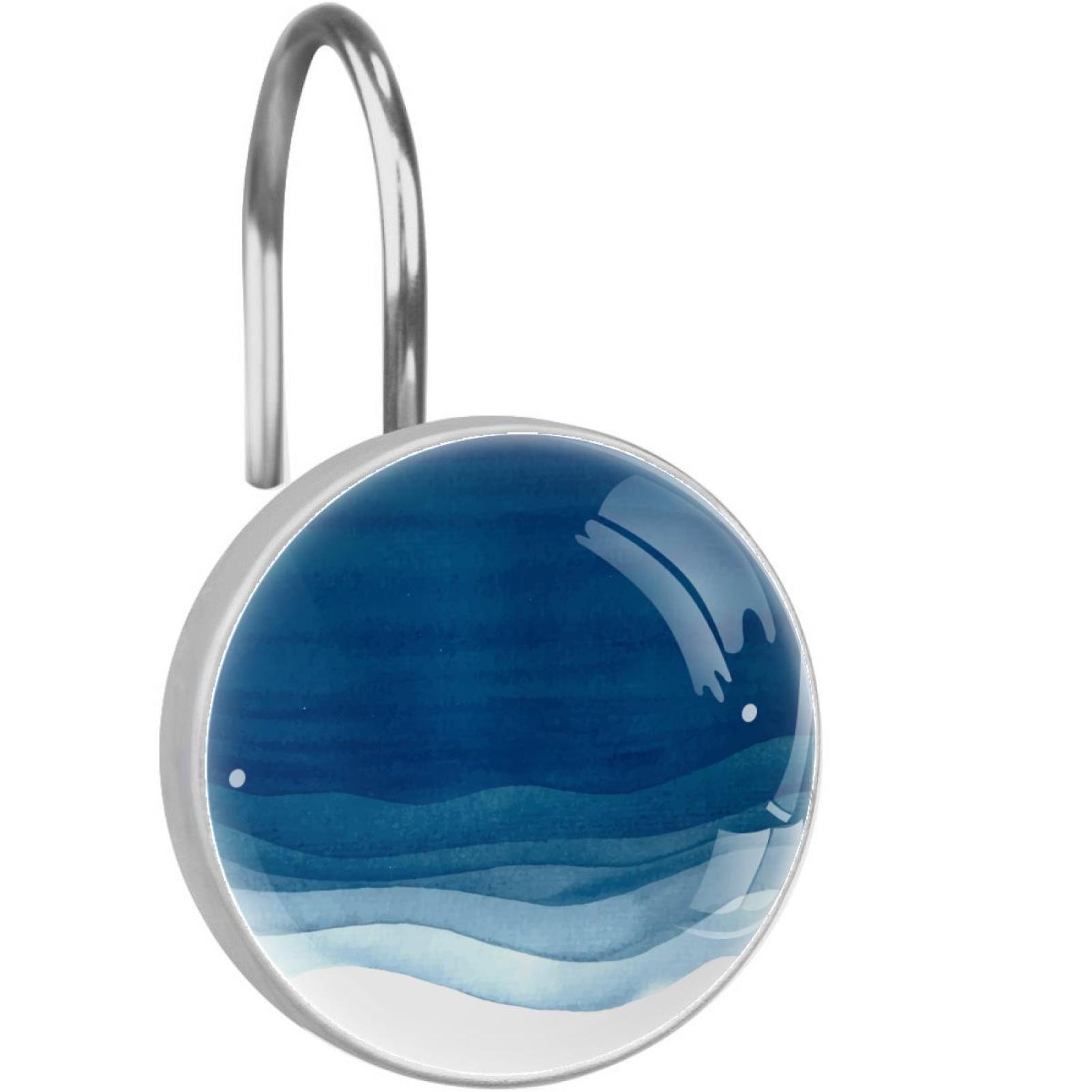 12pcs Shower Curtain Hooks, Watercolor Blue Waves Decorative Shower