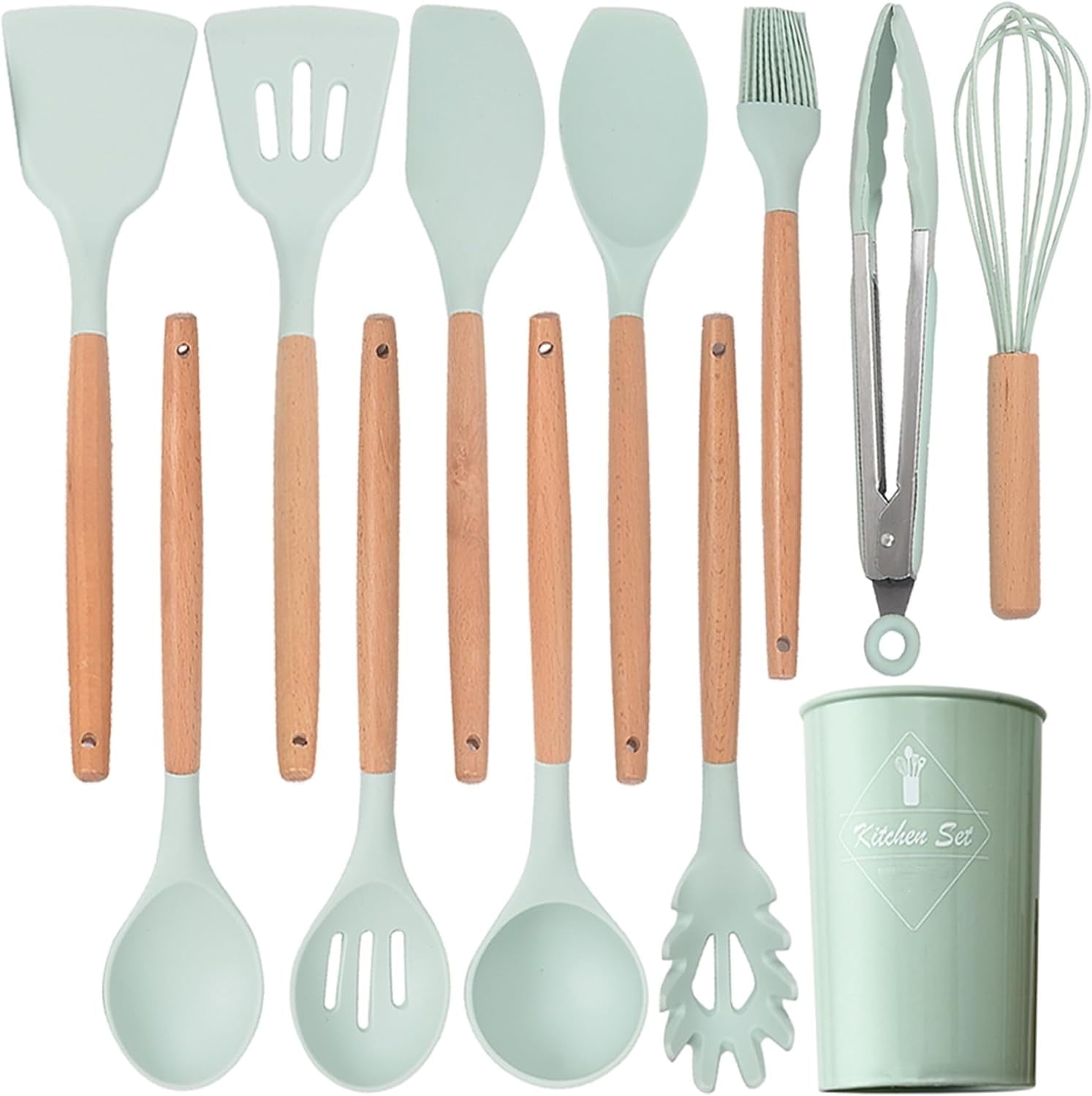 12-Piece Green Silicone and Wood Cooking Utensil Set