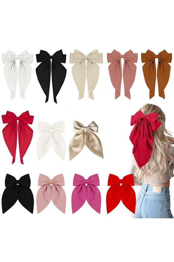 12pcs Silky Satin Hair Bows Set - 6 Long Tail Ribbon Clips & 6 Double-Sided Bow Barrettes, Bow Hair Clips, Satin Hair Bows, Pink Hair Ribbon | Elegant Hair Accessories for Women & Girls